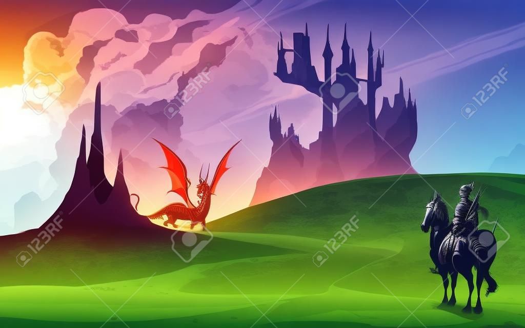 ドラゴンに対して馬と騎士。ベクトルファンタジー風景イラスト