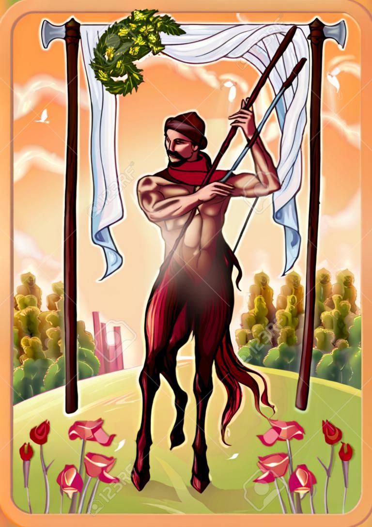The Four of Wands in the Tarot tells about celebrations, events, stability and good feelings. It is linked to the concept of marriage and family. Vector illustration