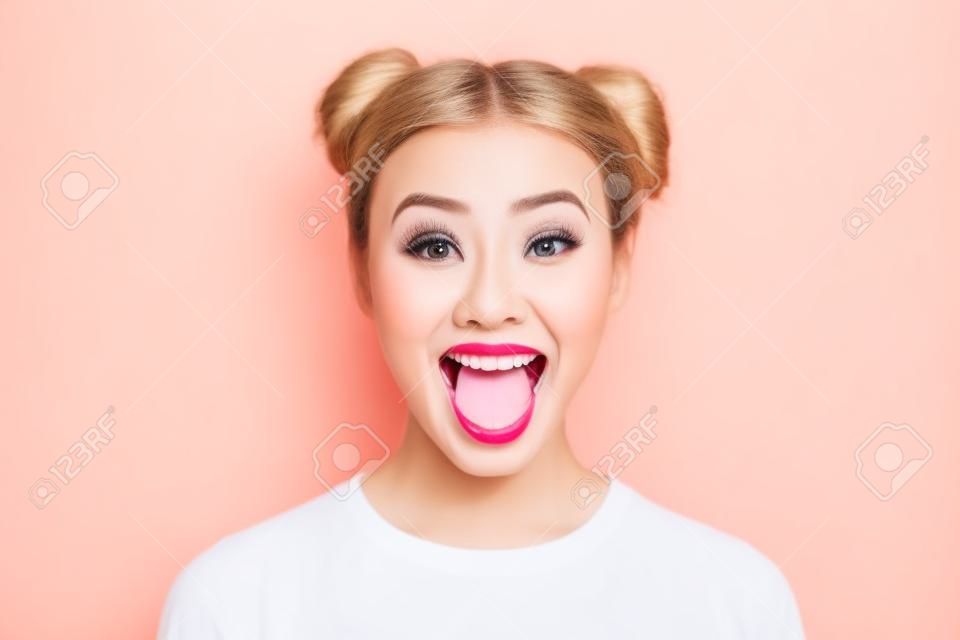 Close up photo of cute attractive lady joking having fun with friends on stroll summer spring wearing light cotton comfortable clothing isolated on bright background