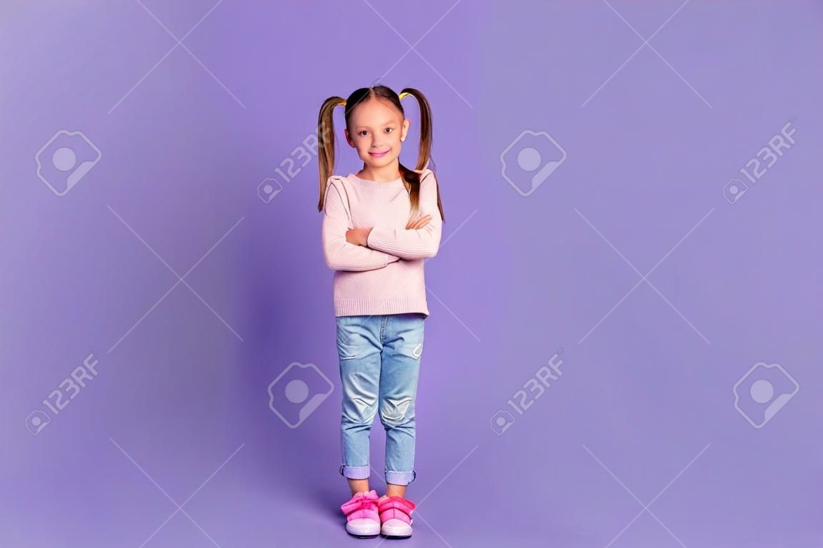 Full length photo of attractive cute schoolgirl folded arms good mood isolated on violet color background