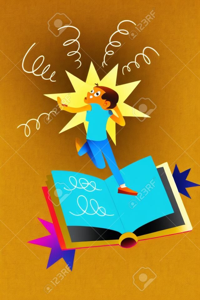 Creative abstract template graphics image of funny funky small kid singing enjoying good book isolated drawing background