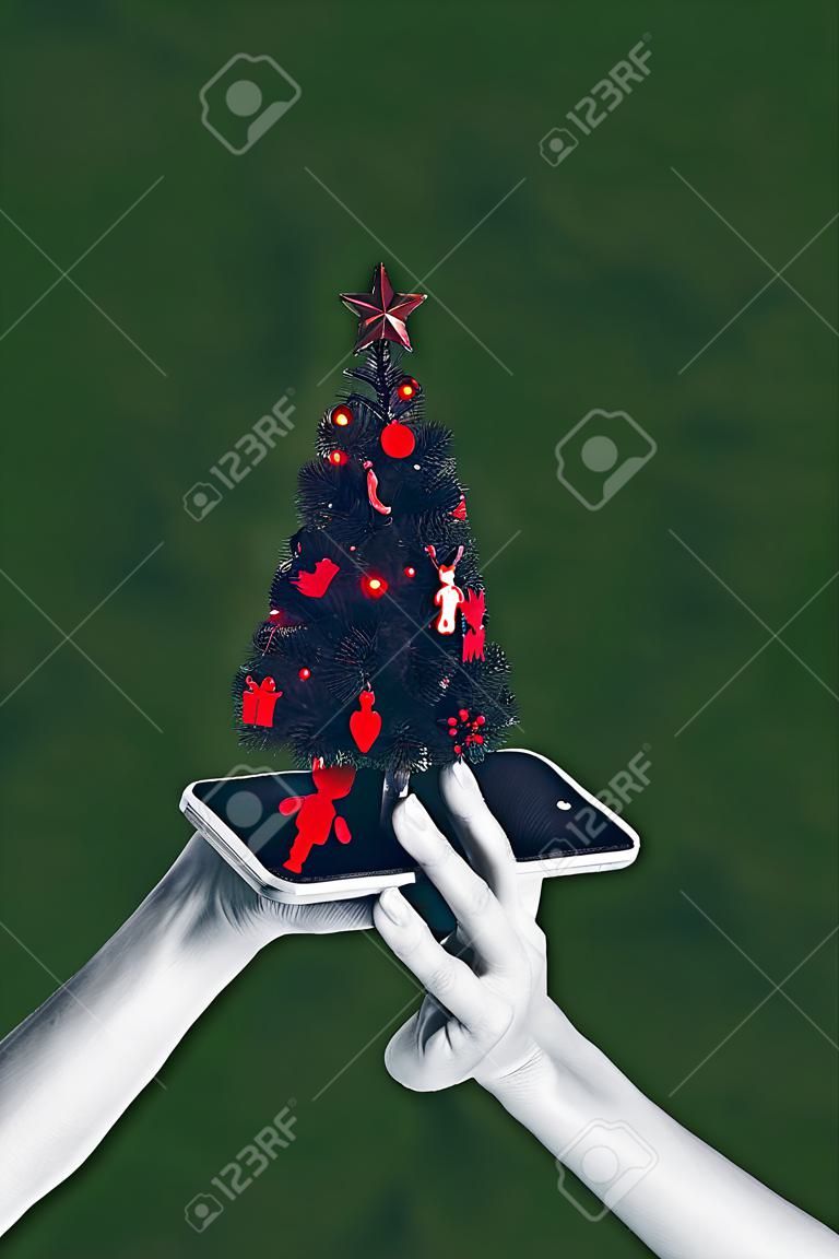 Creative photo 3d collage postcard poster brochure of human arm hold phone fir tree ion screen display isolated on painting background