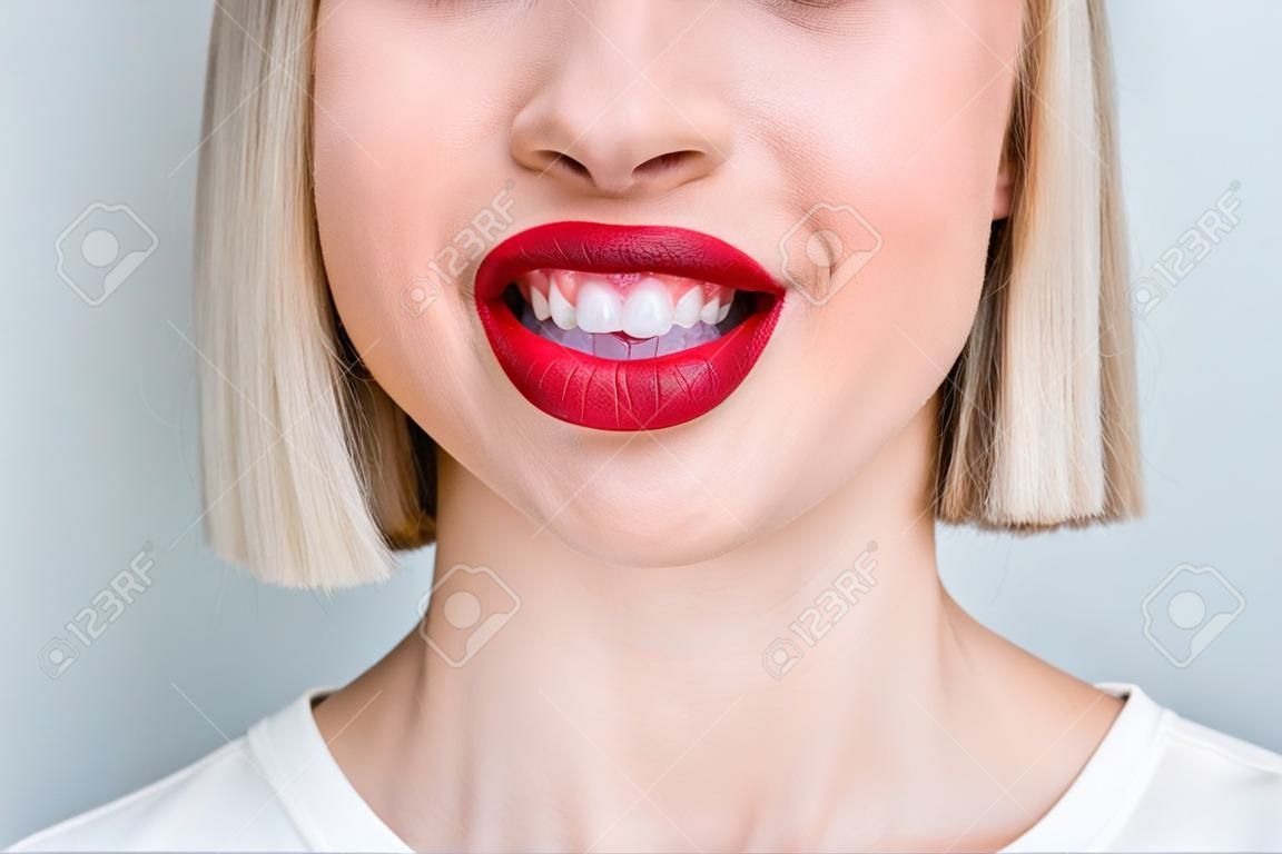 Close up cropped photo of adorable cute cheerful girl with healthy teeth dental clinic treatment isolated on grey color background