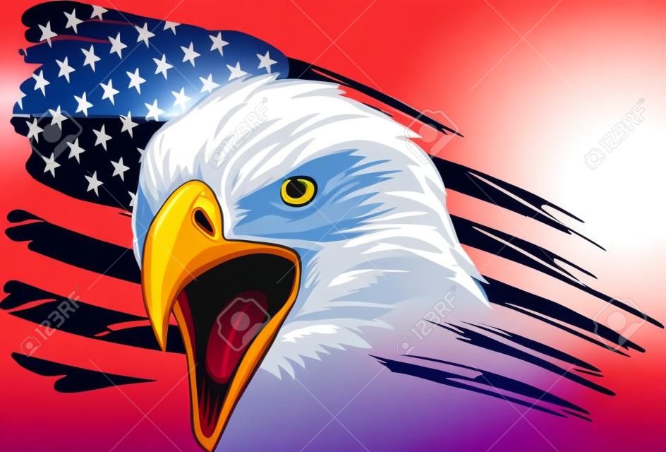 illustation vettore Aquila americana contro bandiera USA e sfondo bianco.
