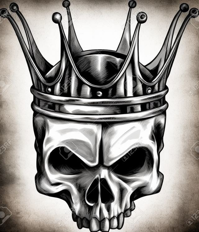 Illustratie van zwarte en witte schedel in kroon met baard geïsoleerd op witte achtergrond