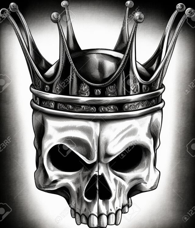 Illustratie van zwarte en witte schedel in kroon met baard geïsoleerd op witte achtergrond