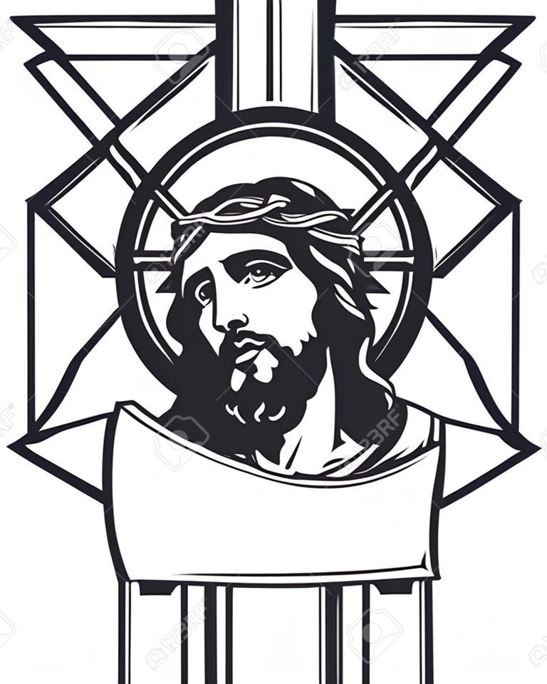 ilustração vetorial, de, jesus, cristo, carregar, cruz