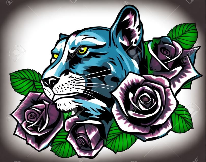 Traditional Panther face in Rose Tattoo