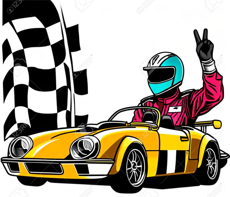 illustration vectorielle de voiture de course avec drapeau à damier sur fond grungy