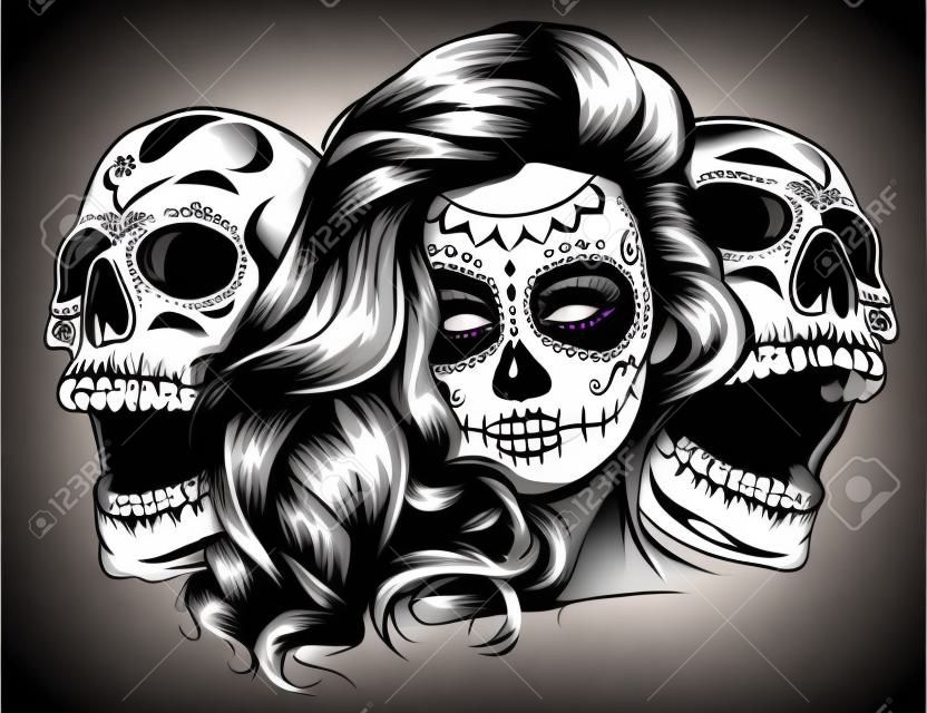 monochromatyczna twarz dziewczyny z cukrowej czaszki z makijażem na Dzień Zmarłych Dia de los Muertos. wektor
