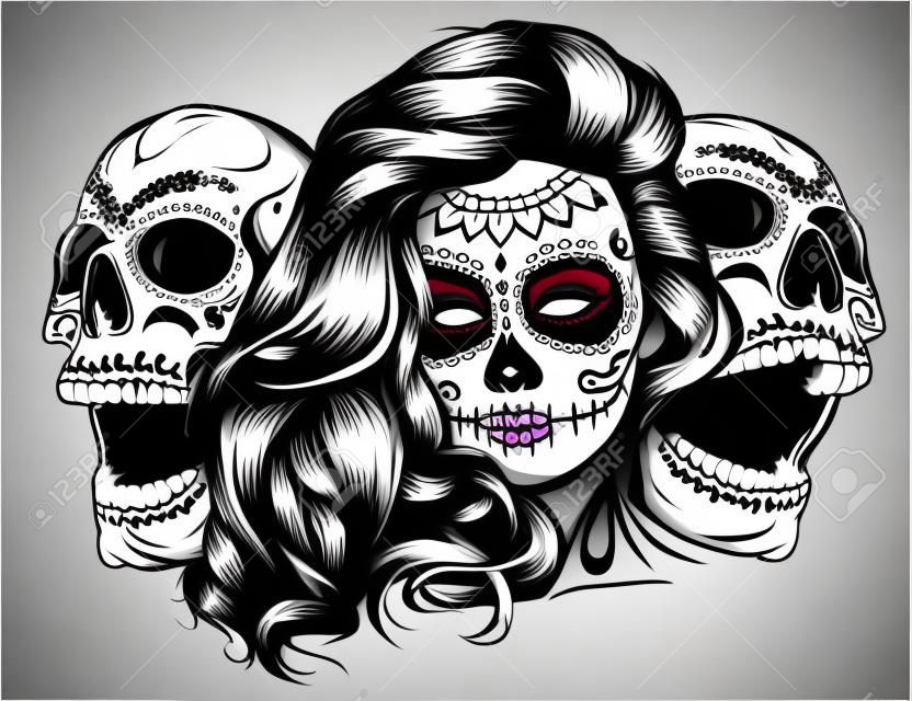 monochromatyczna twarz dziewczyny z cukrowej czaszki z makijażem na Dzień Zmarłych Dia de los Muertos. wektor