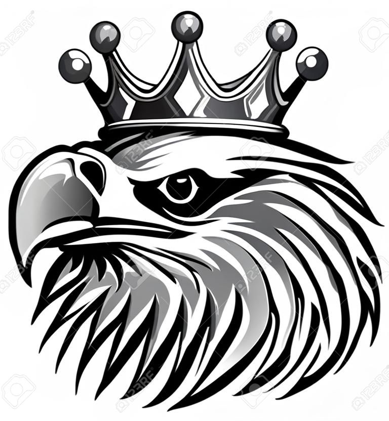 단색 독수리의 벡터 로고 여왕입니다. 배경의 귀여운 왕관 인쇄 스타일 독수리입니다.