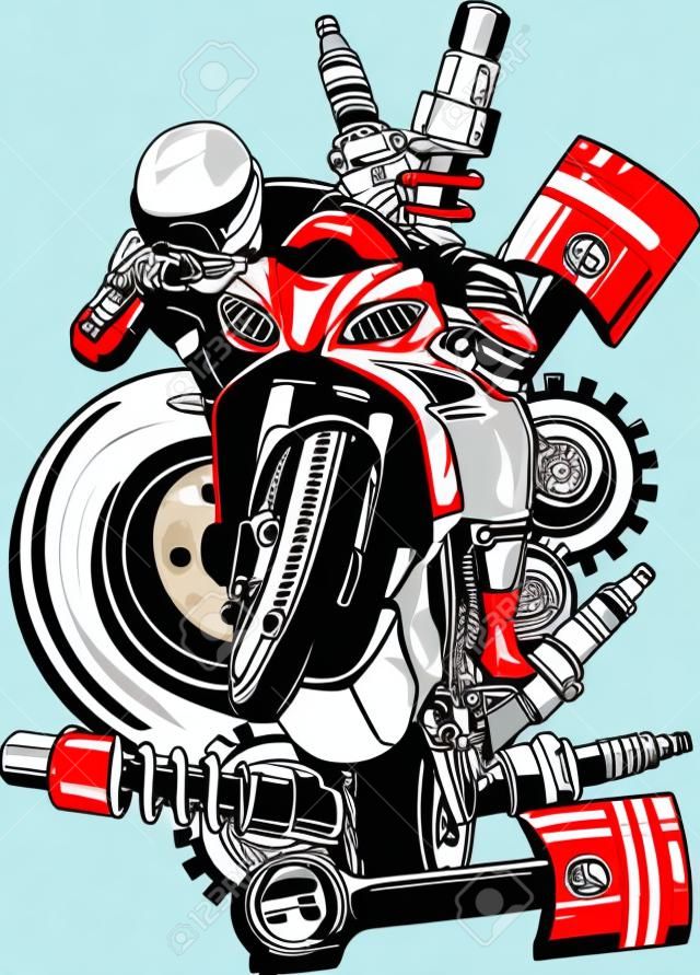 Vektorillustration des Motorrads mit Ersatzteildesign