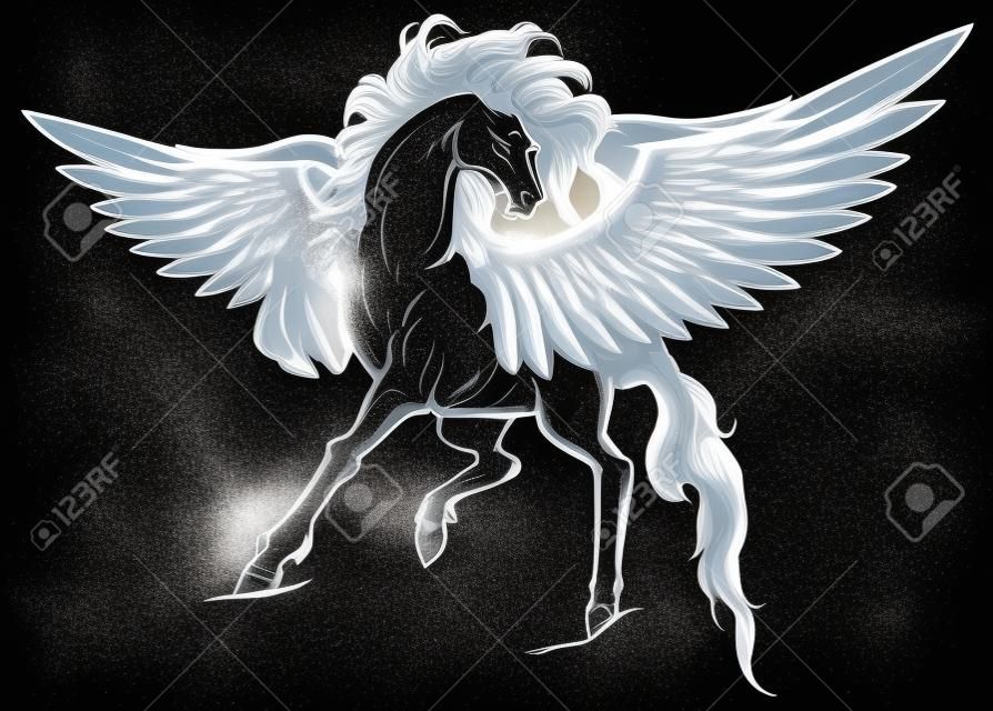 white pegasus, mythological winged horse, illustration silhouette in black background