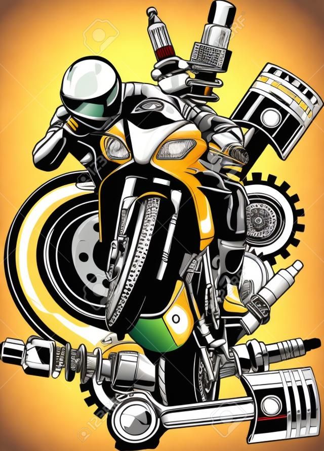 Illustration vectorielle de moto avec conception de pièces de rechange