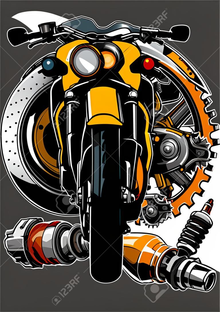 Ilustração vetorial de moto com design de peças de reposição