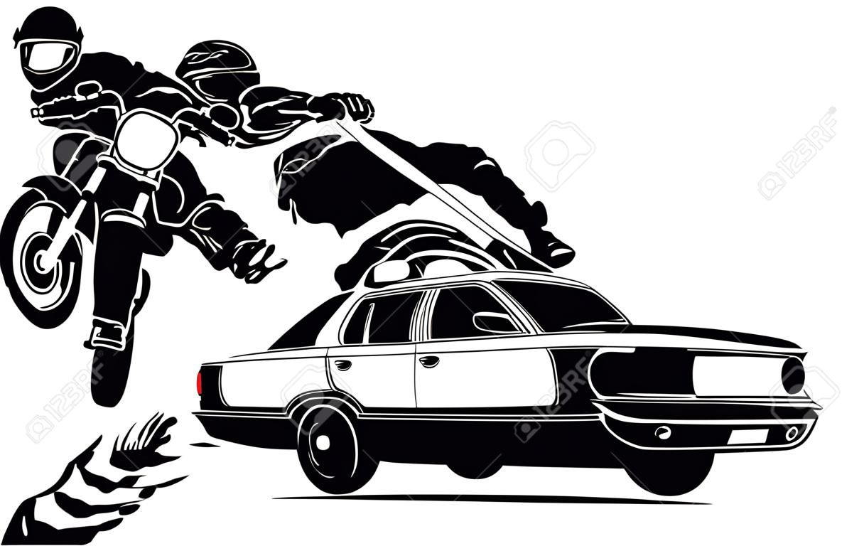 black silhouette of Police car is chasing a criminal on a motorcycle.