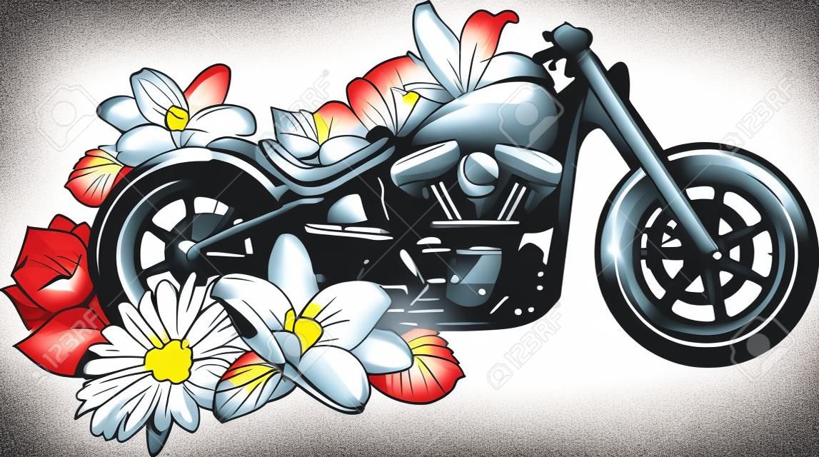 ilustração vetorial, de, motocicleta, bicicleta, com, flor