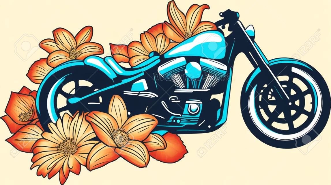 ilustração vetorial, de, motocicleta, bicicleta, com, flor