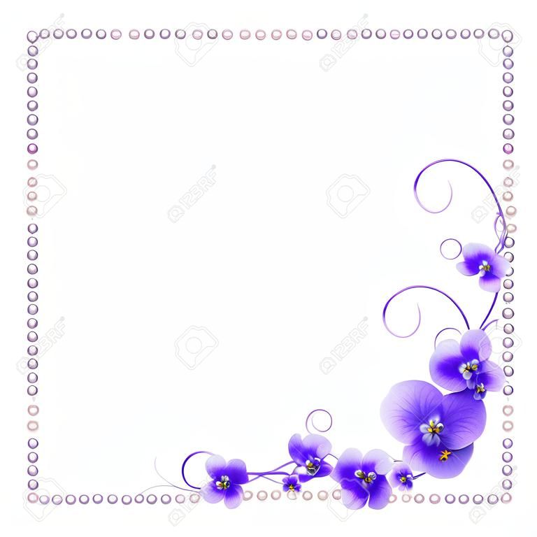 Hermoso marco con flores de color violeta y las perlas aisladas sobre fondo blanco para tarjeta de felicitación o diseño de la invitación.