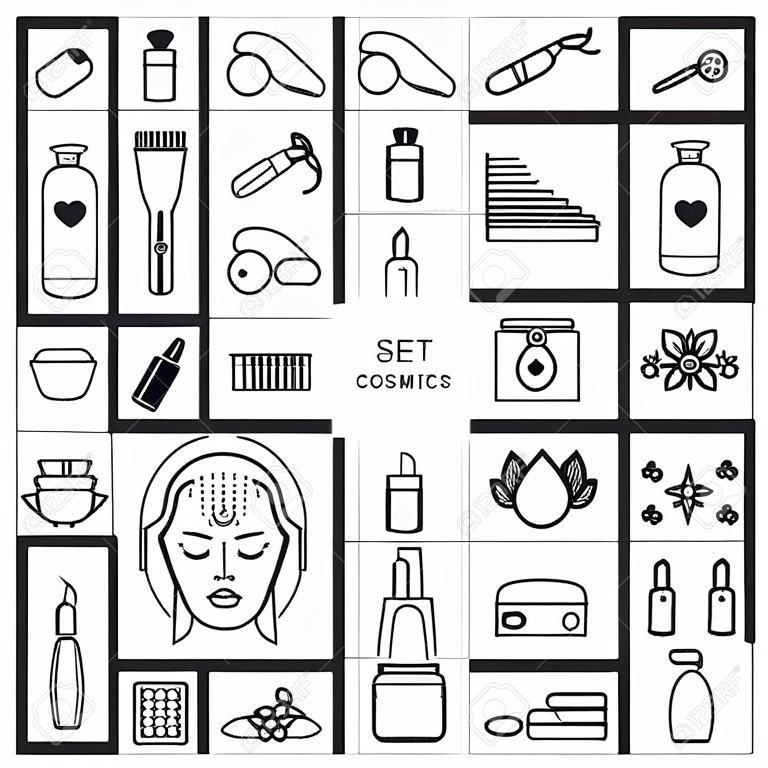 Modern icons set of cosmetics, beauty, spa and symbols collection made in modern linear vector style. Perfect design element for the cosmetics shop, a hairdressing salon, cosmetology center