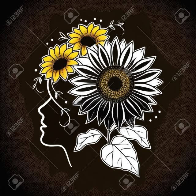ひまわりのベクトル。女の子の顔と彼女の頭にひまわりの花輪のシルエット。印刷Tシャツ、ポスター、カード、ベクトルイラストの黒と白のイラスト