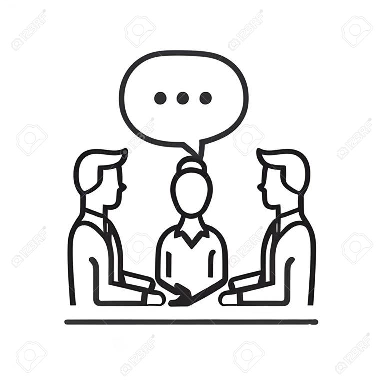 Business meeting single isolated modern vector line design icon. Group of people with a speech bubble with dots sign