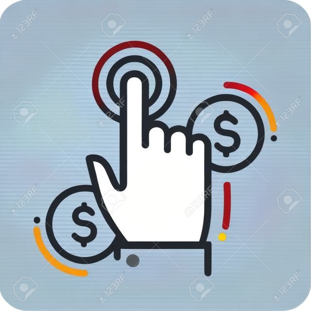 El pago por clic único aislado moderna línea de vectores icono del diseño con una mano haciendo clic en el botón y monedas de un dólar de signos