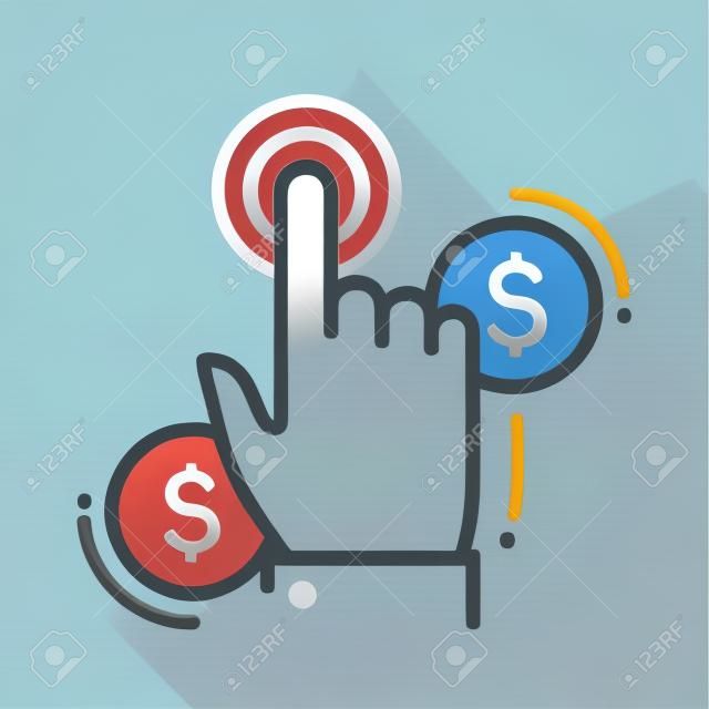 Betaal per klik enkele geïsoleerde moderne vector lijn ontwerp pictogram met een hand klikken op de knop en dollar teken munten