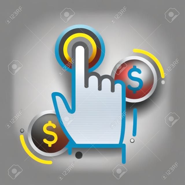 El pago por clic único aislado moderna línea de vectores icono del diseño con una mano haciendo clic en el botón y monedas de un dólar de signos