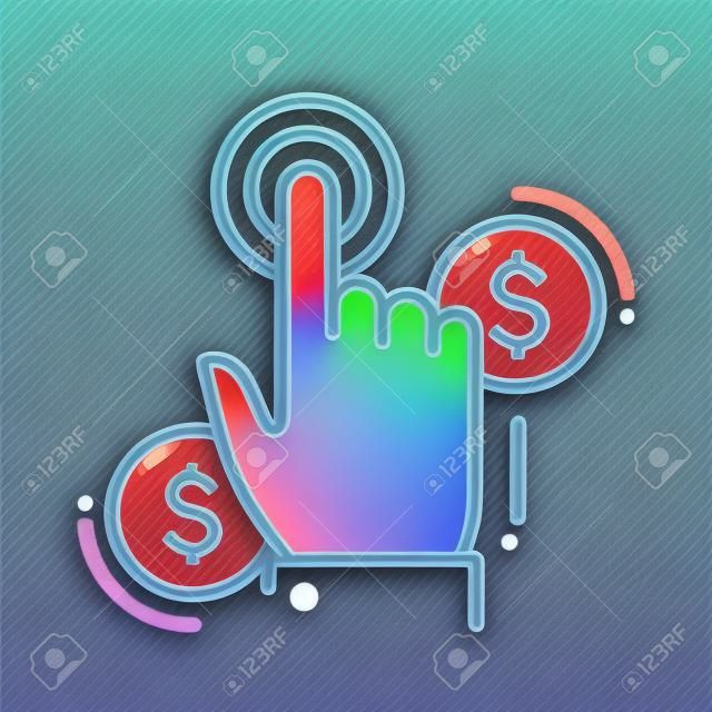 Pay per click singolo un'icona del design moderno linea vettoriale isolato con una mano clic sul pulsante e simbolo del dollaro monete