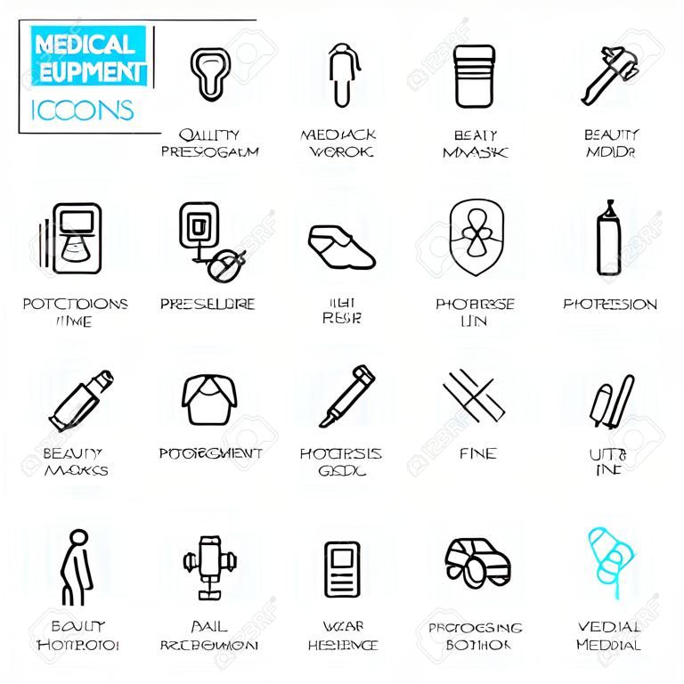 Medical equipment - set of modern vector plain simple thin line design icons and pictograms. Medical workwear, blood pressure monitor, facemask, beauty, hygienic, pregnancy, orthopaedic product
