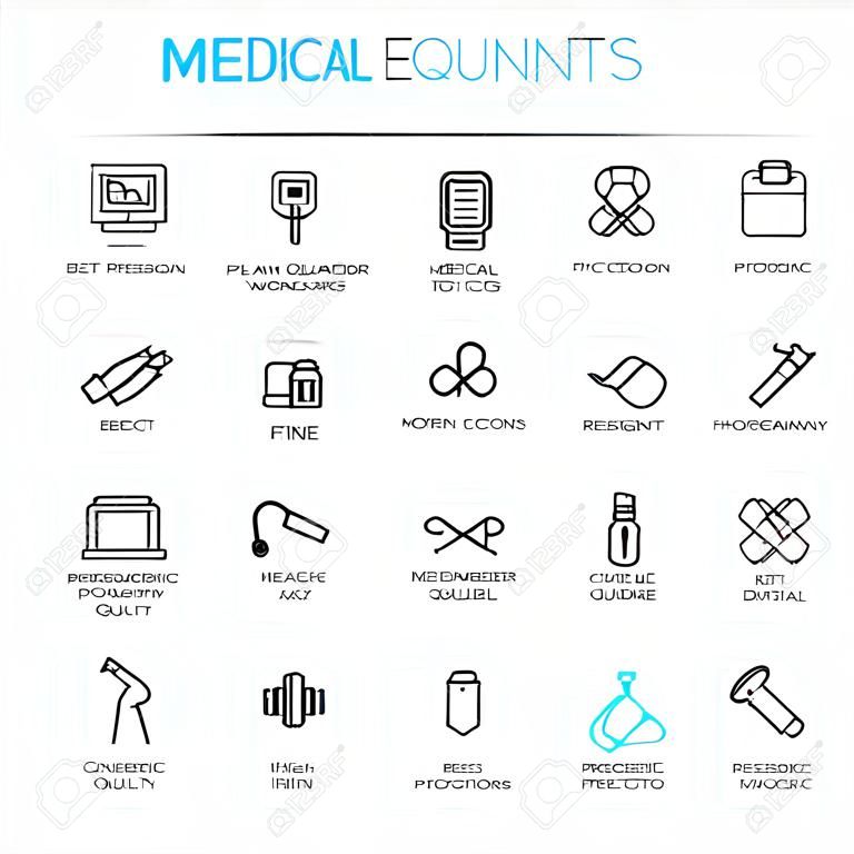 Orvosi berendezés - készlet modern vektor sima egyszerű vékony vonal kialakítása ikonok és piktogramok. Orvosi munkaruházat, vérnyomásmérő, arcmaszk, kozmetikai, higiéniai, terhesség, ortopéd termékek