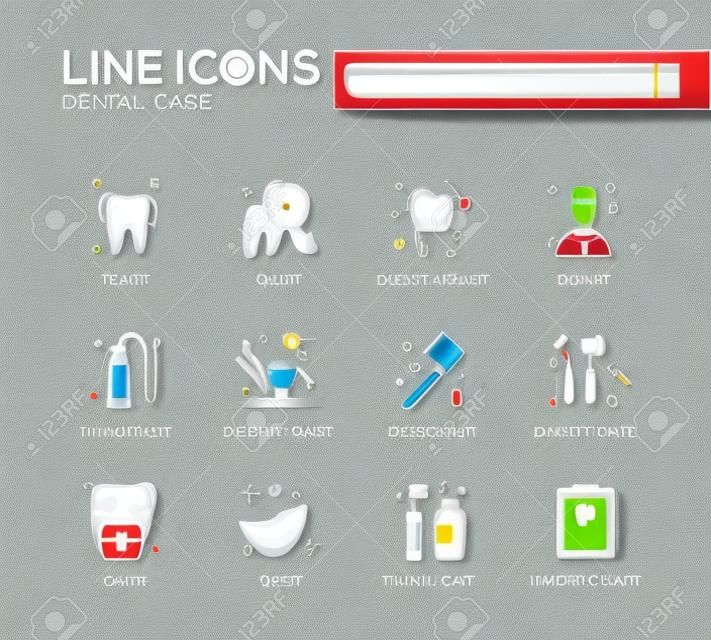 Diş bakımı - Modern vektör hattı tasarımı simgeler ve Piktogramların ayarlayın. Diş, kavite, implant, diş macunu, diş hekimi koltuğu, toothbrust, araçlar, diş ipi, tıbbi kayıt durulama gülümseme