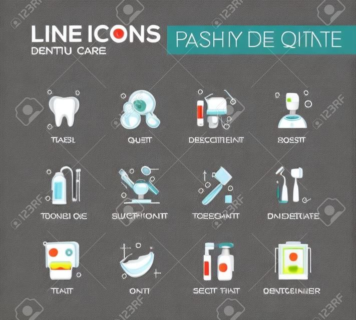 Dental care - set of modern vector line design icons and pictograms. Tooth, cavity, implant, toothpaste, dentist chair, toothbrust, tools, floss, smile rinse medical record