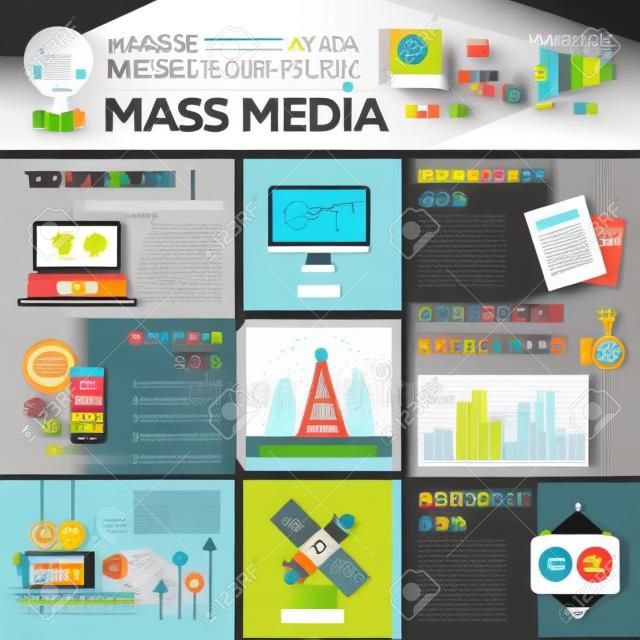 Médias de masse - affiche d'information, mise en page du modèle de couverture de brochure avec des icônes de conception plate, d'autres éléments infographiques et du texte de remplissage