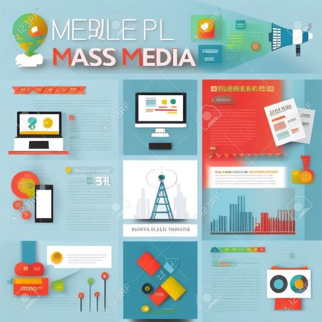 Mass Media - info poster, brochure cover template layout with flat design icons, other infographic elements and filler text