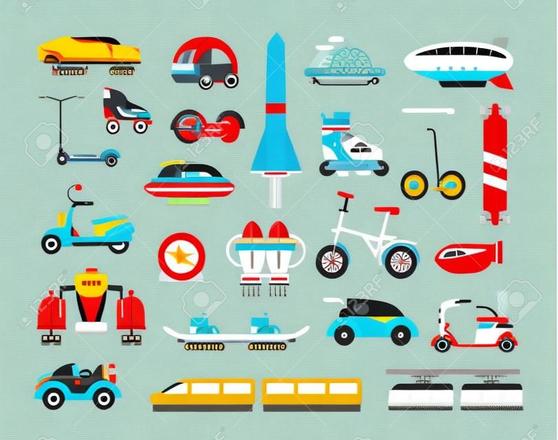 Los medios de transporte - conjunto de iconos y pictogramas de diseño moderno plano vector. Carretera, aéreo, futurista, etro, cohete, tren, vehículo, coche eléctrico, patineta, scooter de aerotabla dirigible bicicleta