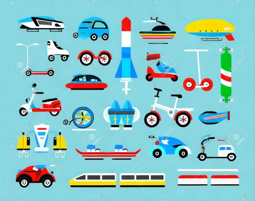 Los medios de transporte - conjunto de iconos y pictogramas de diseño moderno plano vector. Carretera, aéreo, futurista, etro, cohete, tren, vehículo, coche eléctrico, patineta, scooter de aerotabla dirigible bicicleta