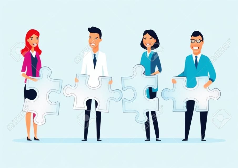 Teamwork in a company - modern cartoon people characters illustration with smiling businesspeople holding puzzle pieces and standing together. Creative metaphorical concept of unity and partnership