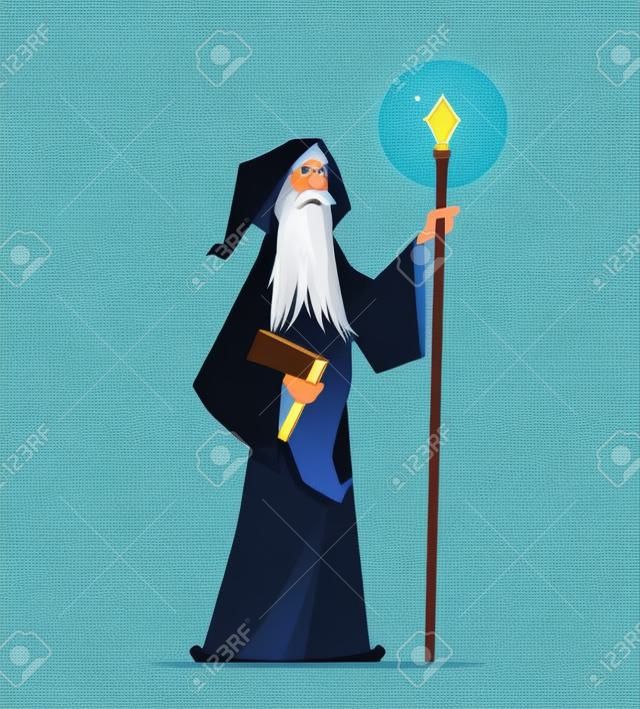 有不可思議的書的在動畫片人字符的巫術師和鞭子在白色背景隔絕的例證。一位老親切的魔術師的圖像有長的白鬍子的在拿著有水晶的披風的一根棍子。
