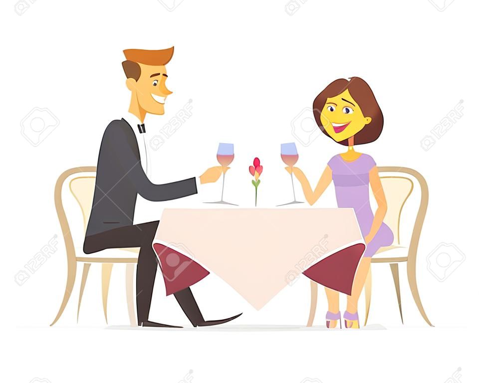 Cena romántica personaje de dibujos animados personas ilustración aislada sobre fondo blanco. Una imagen de un hombre sonriente y una mujer sentados en un restaurante, cafetería, bebiendo vino, felices juntos.