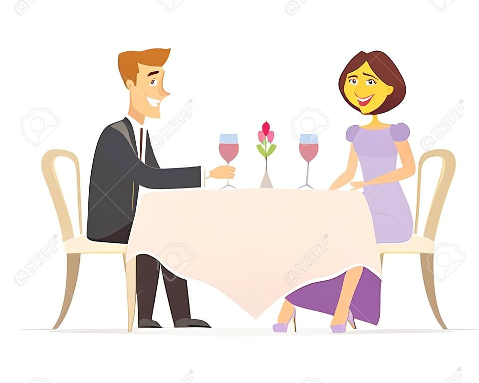Personnage de dessin animé dîner romantique personnes isolé illustration sur fond blanc. Une image d'un homme et d'une femme souriants assis dans un restaurant, un café, boire du vin, heureux ensemble.