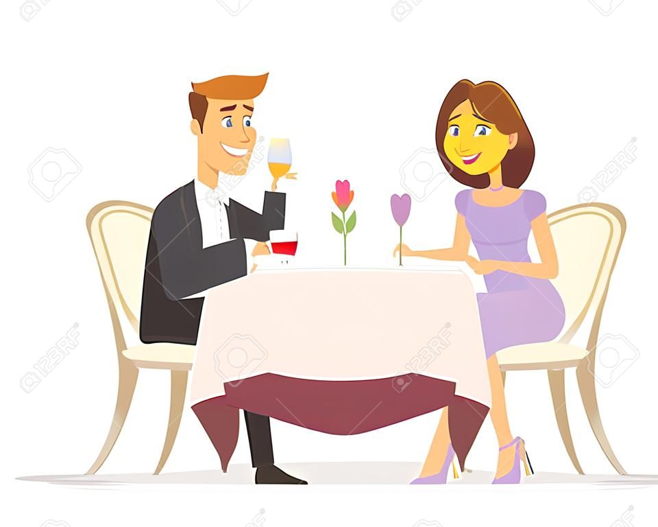 낭만적 인 저녁 식사 만화 사람들이 문자 흰색 배경에 고립 된 그림. 웃는 남자와 여자는 레스토랑, 카페에 앉아 와인을 마시는 행복의 이미지.