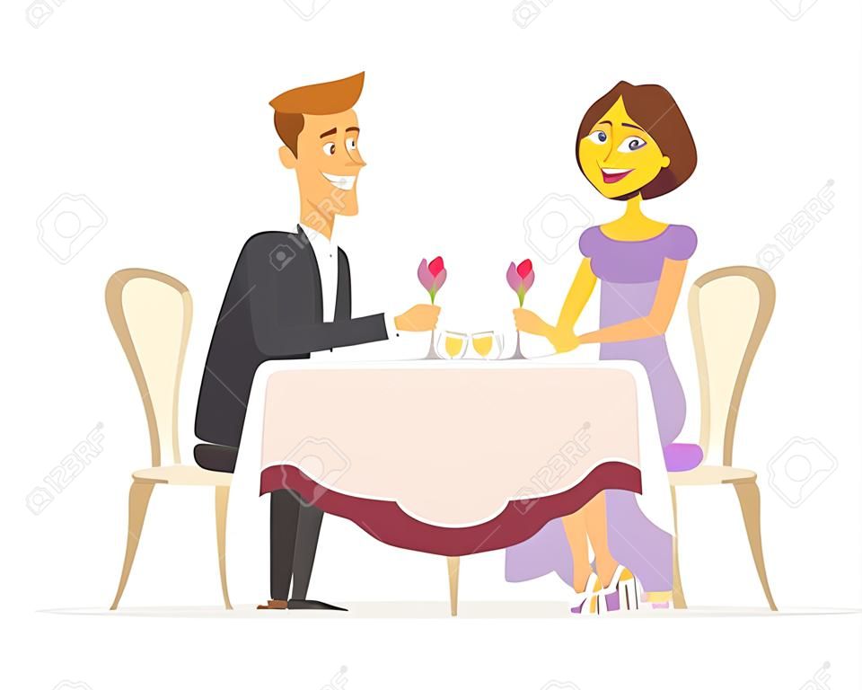 Lokalisierte Illustration der romantischen Abendessenzeichentrickfilm-figur Leute auf weißem Hintergrund. Ein Bild eines lächelnden Mannes und der Frau, die in einem Restaurant, Café, trinkender Wein, glücklich zusammen sitzen.