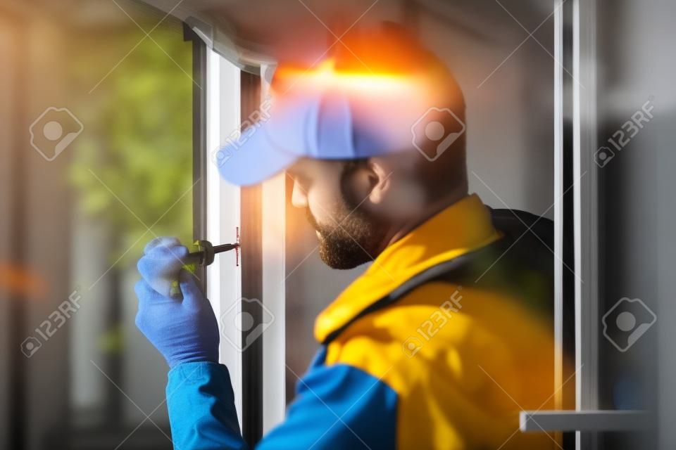 człowiek usługi instalacji okna z śrubokrętem
