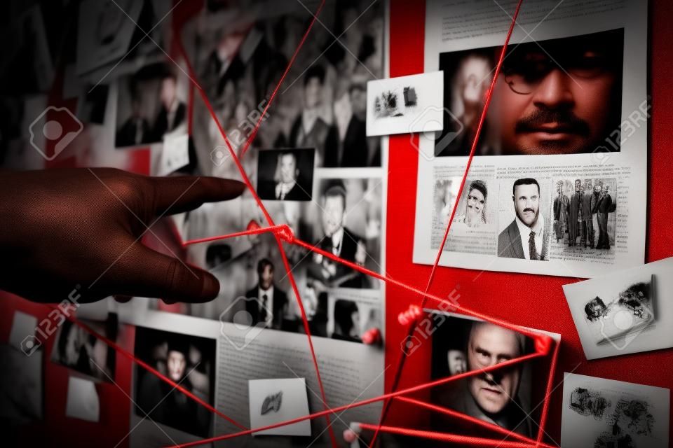 Detective board with photos of suspected criminals, crime scenes and evidence with red threads, selective focus, retro toned
