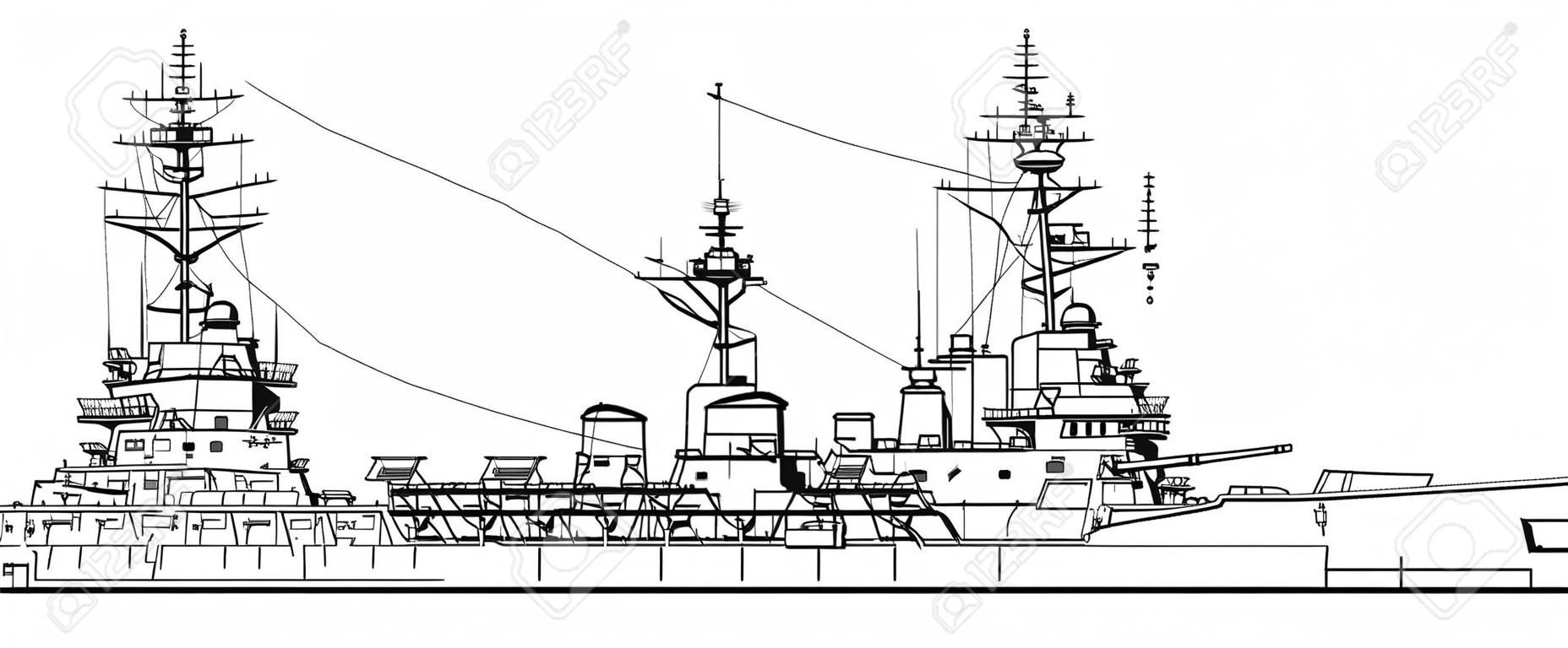 Pancernik amerykański. Kolekcja sylwetki wektor okrętów wojennych