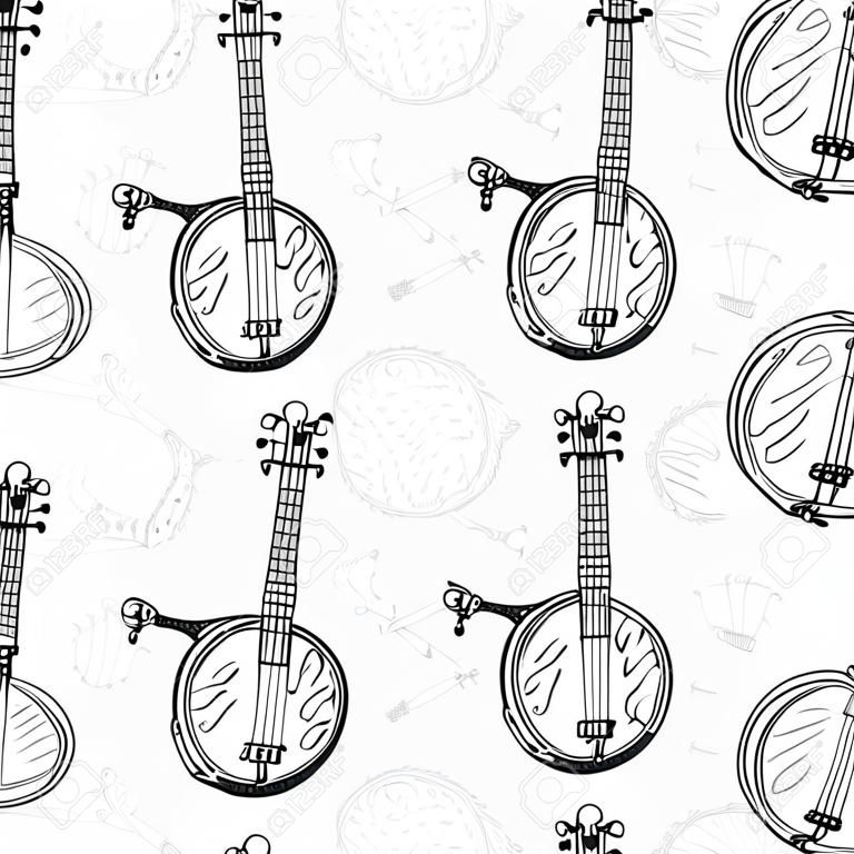 Black and White Seamless Pattern. Black Contours of Banjos on White Background