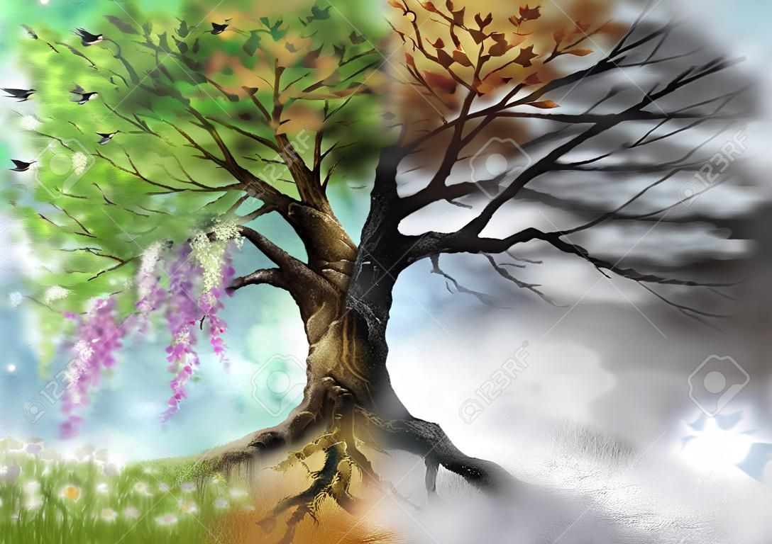 Ilustración digital de cuatro estaciones del árbol